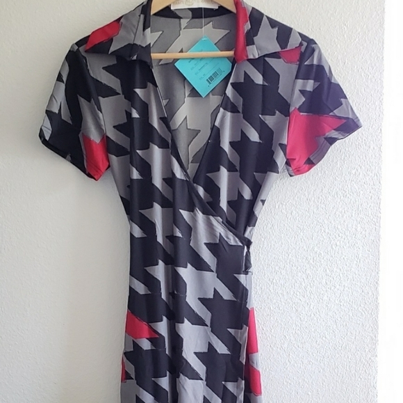 Tracy Negoshian Black & Gray Jane Houndstooth Pop Wrap Dress Size XS - Picture 4 of 11